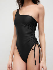 Shaping Asymmetrical Neck Drawstring Ruched One Piece Swimsuit