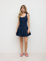 Denim U-neckline Pleated Bowknot Mini Dress