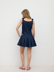 Denim U-neckline Pleated Bowknot Mini Dress