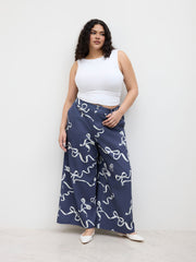 100% Cotton Mid Rise Bowknot Graphic Straight Leg Trousers Curve & Plus