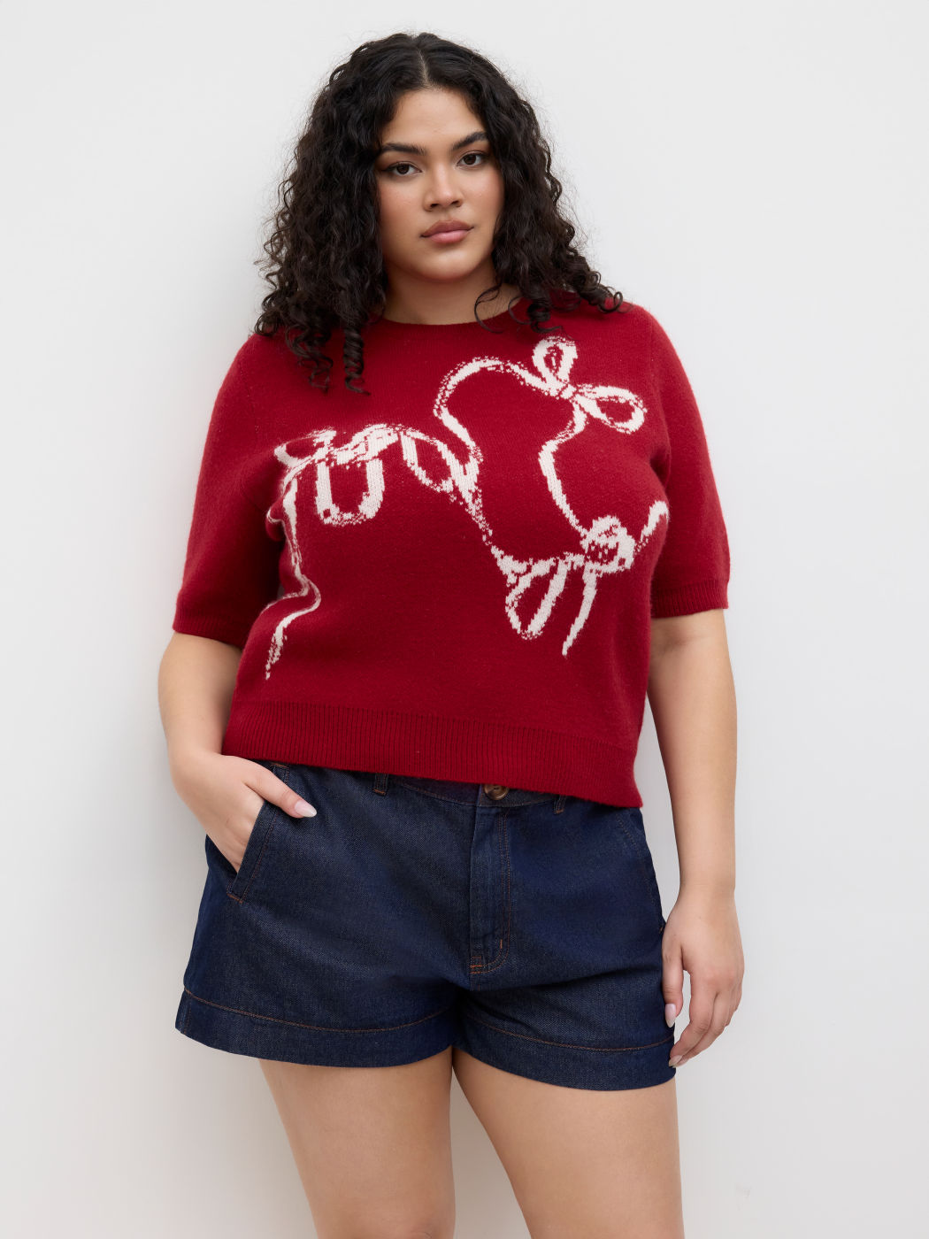 Knit Round Neckline Bowknot Graphic Top Curve & Plus