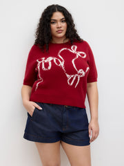 Knit Round Neckline Bowknot Graphic Top Curve & Plus