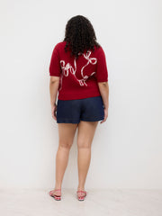 Knit Round Neckline Bowknot Graphic Top Curve & Plus