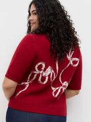 Knit Round Neckline Bowknot Graphic Top Curve & Plus