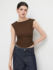 Boat Neck Solid Ruched Tank Top