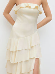 Satin Bandeau Split Layered Ruffle Hem Maxi Dress