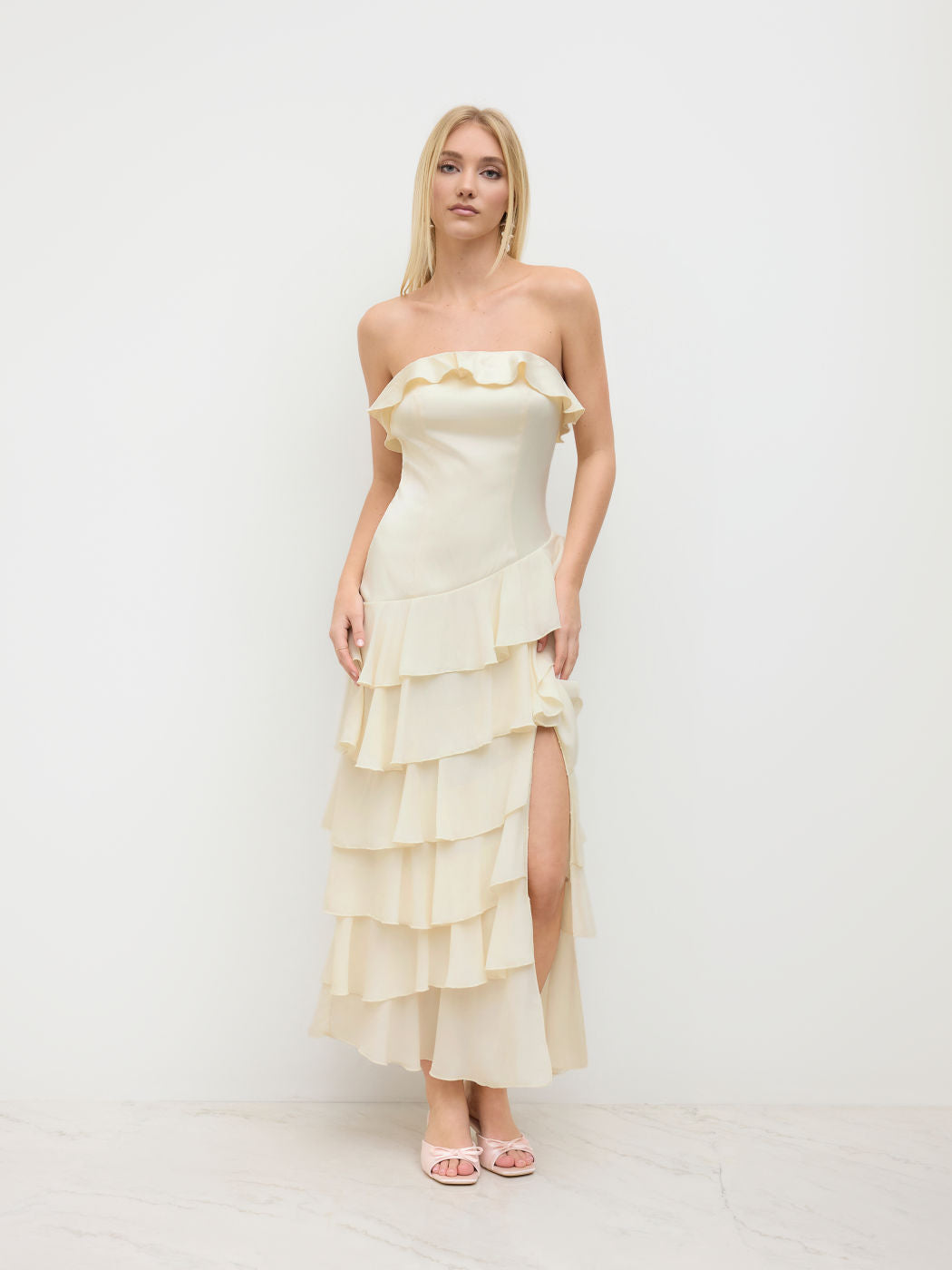 Satin Bandeau Split Layered Ruffle Hem Maxi Dress