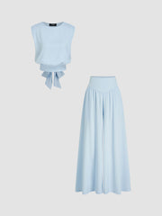 BRAIDED FLATS &  SATIN ROUND NECKLINE SOLID KNOTTED TOP & MID RISE POCKET WIDE LEG TROUSERS SET