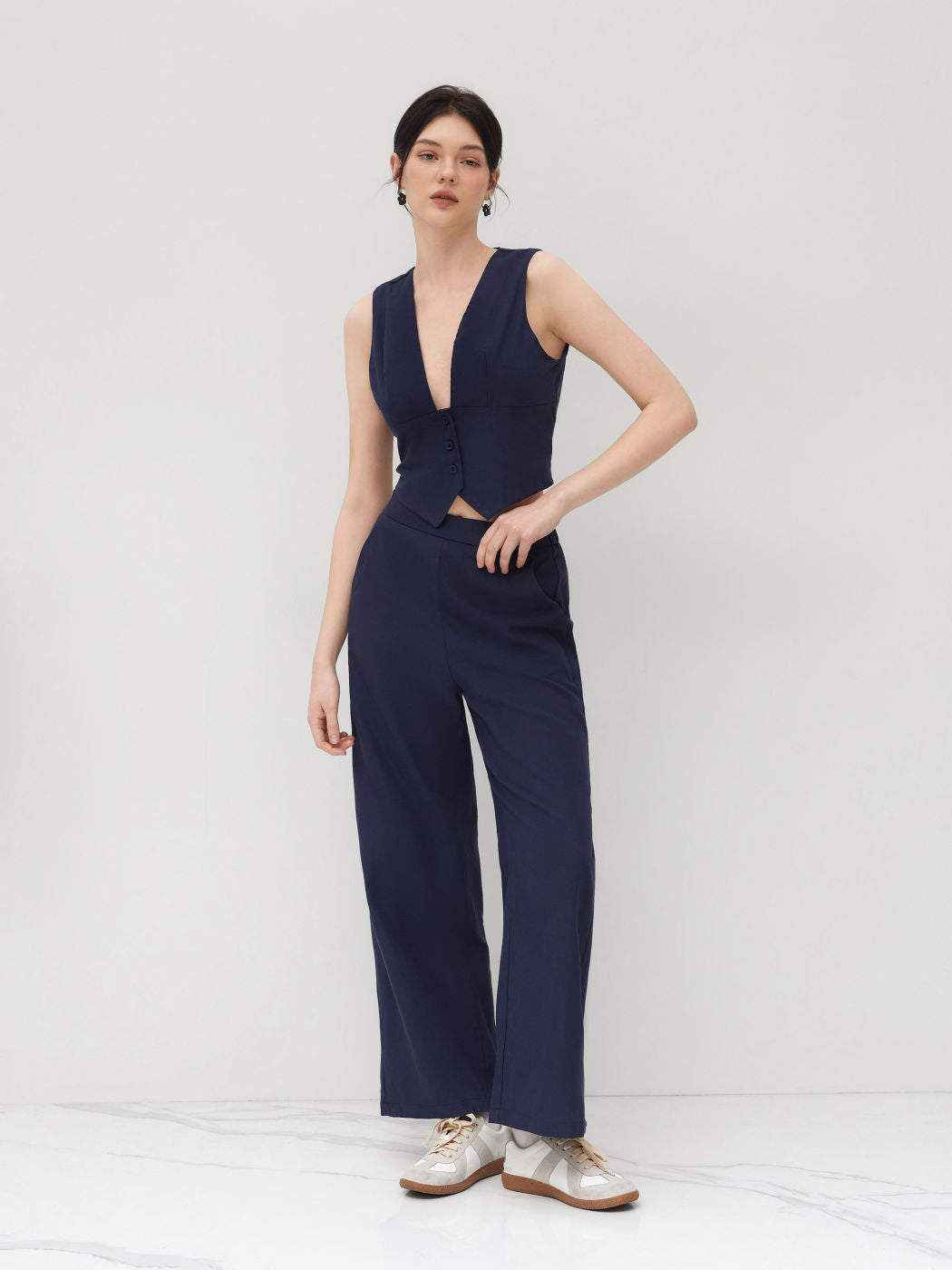 V-neck Striped Belted Vest With Mid Rise Striped Pocket Straight Leg Trousers