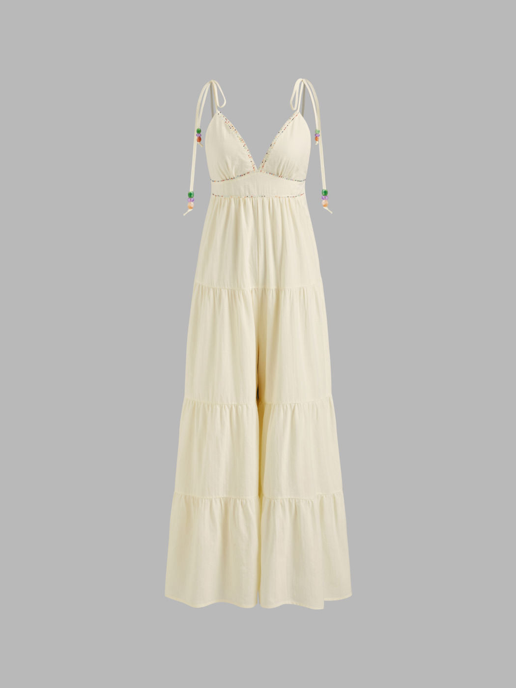 Cotton V-neck Beaded Contrasting Binding Tiered Jumpsuit