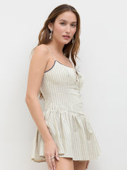 Cotton Stripe Knotted Cut Out Ruffle Mini Dress