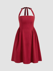 Linen-blend Halter Neckline Knotted Ruffle Midi Dress Curve & Plus