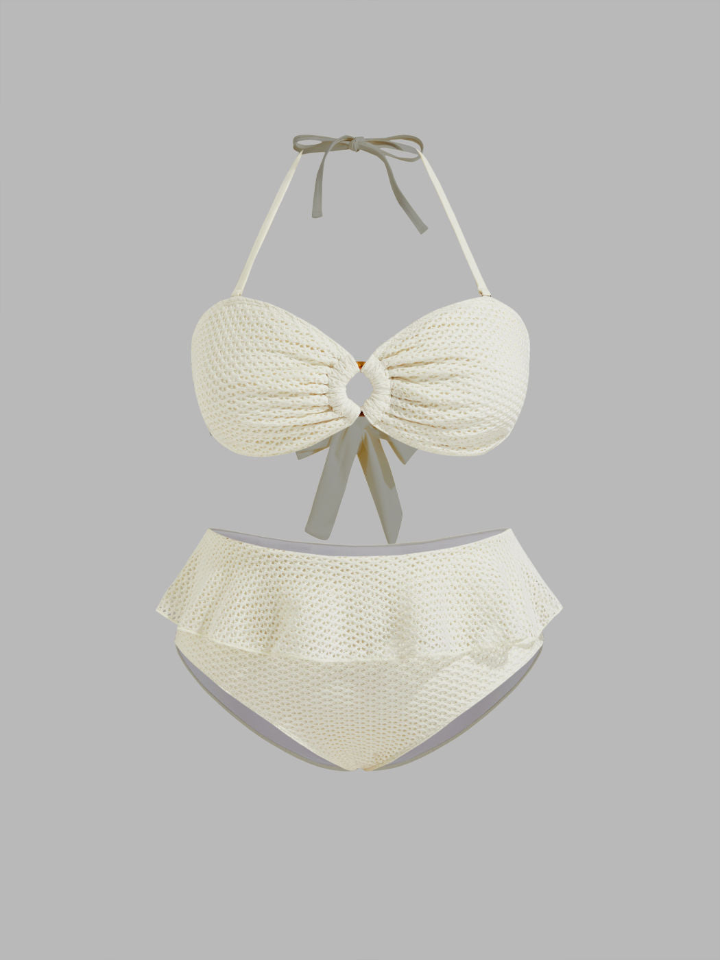 Halter Neckline O-Ring Bowknot Ruffle Hem Full Coverage Bikini Set Curve & Plus