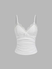 V-neck Solid Lace Ruched Cami Top