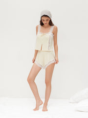 Square Neck Lace Trim Crop Tank Top & Mid Rise Shorts Loungewear Set