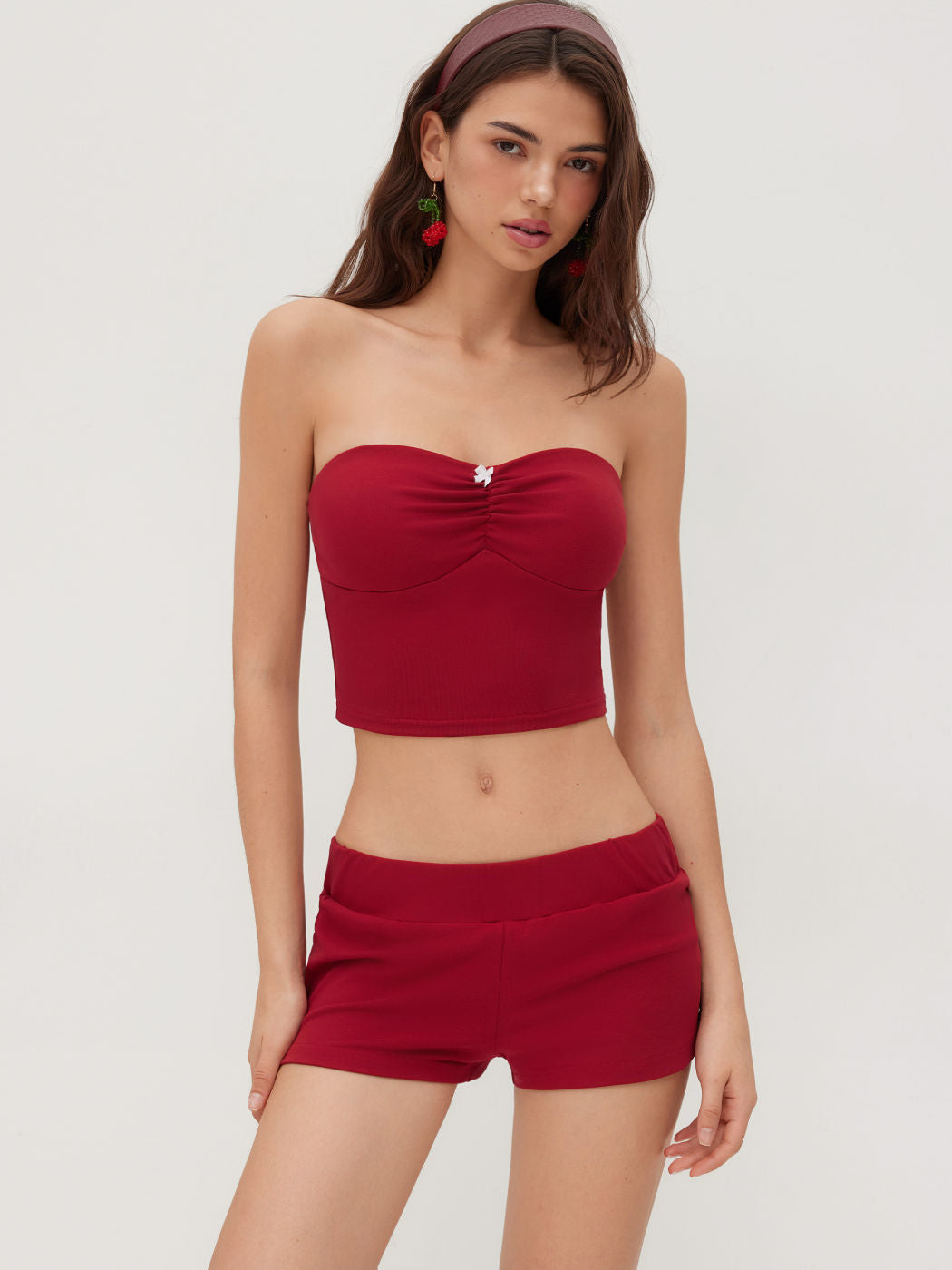 Cotton-blend Bowknot Bandeau Crop Top & Mid Rise Leggings