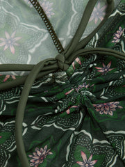 Halter Neckline Criss Cross Cheeky Bikini Set With Floral Cover Up Pants