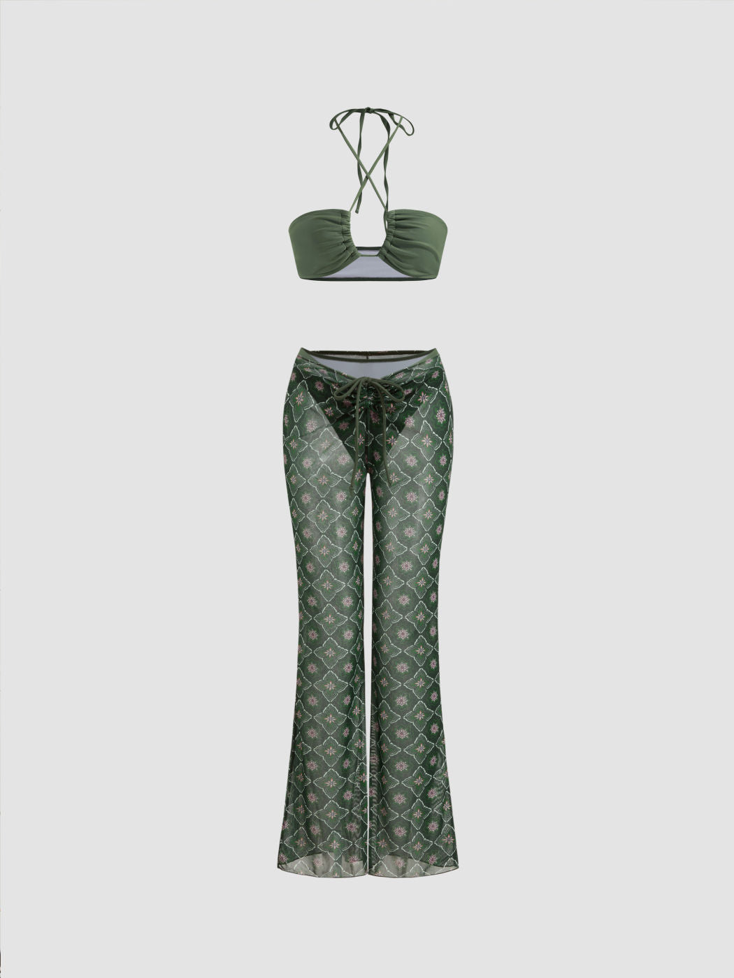 Halter Neckline Criss Cross Cheeky Bikini Set With Floral Cover Up Pants