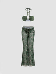 Halter Neckline Criss Cross Cheeky Bikini Set With Floral Cover Up Pants