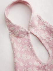 Jacquard Mandarin Collar Floral Cut Out Ruched Tank Top