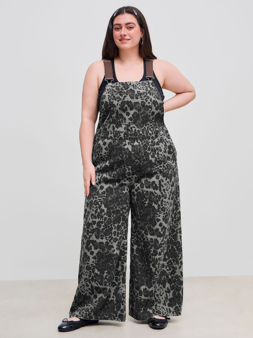 Denim Leopard Button Pocket Wide Leg Jumpsuit Curve & Plus