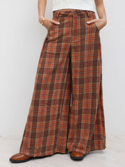 Flannel Check Button Wide Leg Trousers