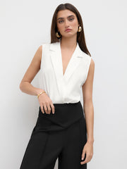 Woven Collar Solid Sleeveless Bodysuit