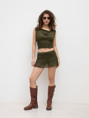 Mesh Boat Neck Top & Ruffle Hem Shirred Micro Mini Skirt