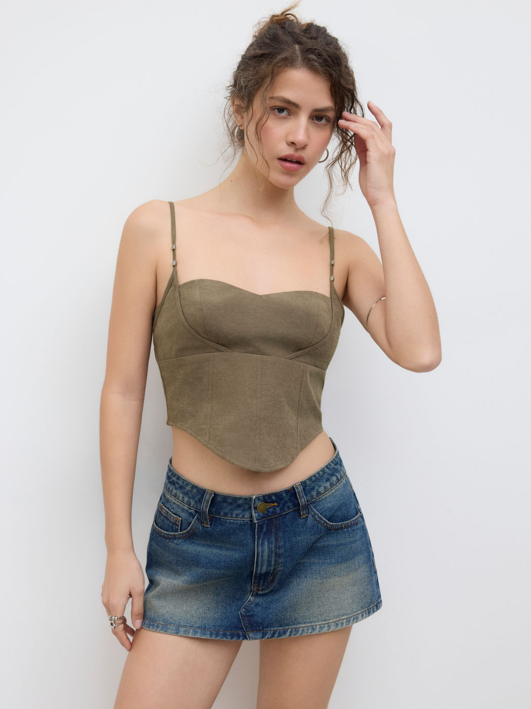 Cotton-blend Sweetheart Neckline Crop Top