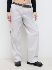 Cotton-blend Low Rise Elastic Waist Wide Leg Cargo Trousers