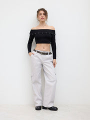 Cotton-blend Low Rise Elastic Waist Wide Leg Cargo Trousers