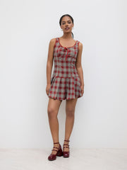 Square Neck Check Bowknot Pleated Mini Dress