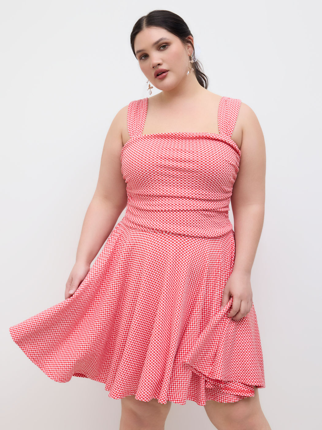 Square Neck Gingham Ruched Ruffle Mini Dress Curve & Plus