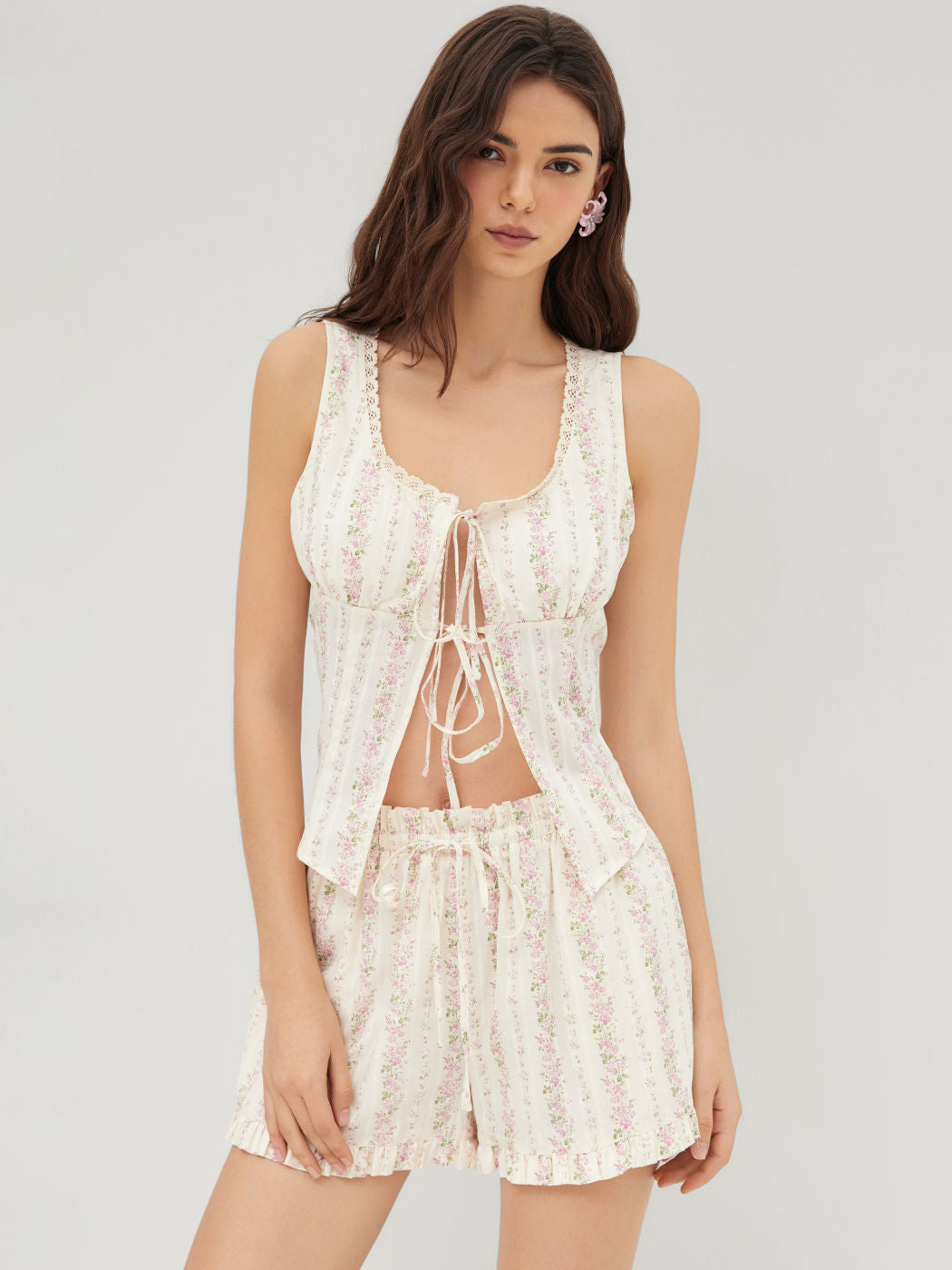 Cotton Floral Lace Trim Tie Front Split Top & Mid Rise Lettuce Trim Knotted Shorts Set