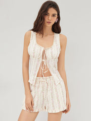 Cotton Floral Lace Trim Tie Front Split Top & Mid Rise Lettuce Trim Knotted Shorts Set