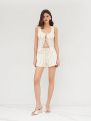 Cotton Floral Lace Trim Tie Front Split Top & Mid Rise Lettuce Trim Knotted Shorts Set