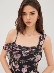 Floral Ruffle Hem Rosette Asymmetrical Tank Top