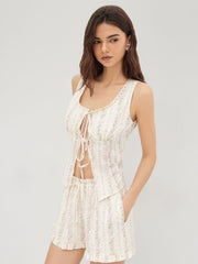 Cotton Floral Lace Trim Tie Front Split Top & Mid Rise Lettuce Trim Knotted Shorts Set
