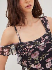 Floral Ruffle Hem Rosette Asymmetrical Tank Top
