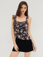 Floral Ruffle Hem Rosette Asymmetrical Tank Top