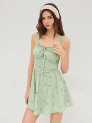Cotton Broderie Anglaise Ruched Knotted Mini Dress