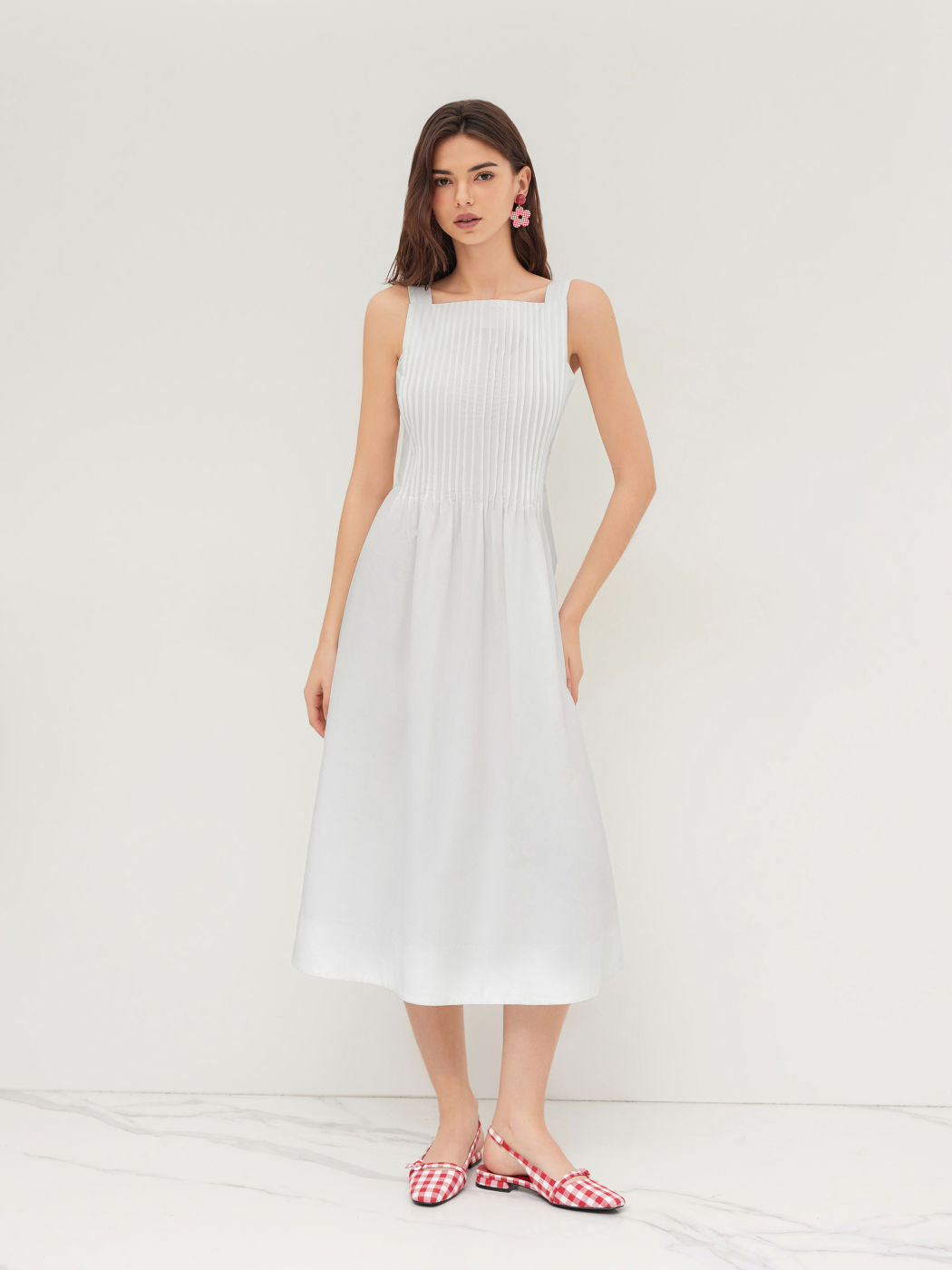 100% Cotton Square Neck Pleated Tie Back Bowknot Maxi Dress
