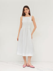 100% Cotton Square Neck Pleated Tie Back Bowknot Maxi Dress