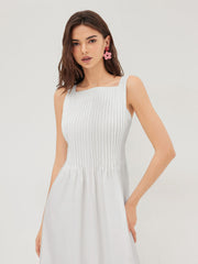 100% Cotton Square Neck Pleated Tie Back Bowknot Maxi Dress