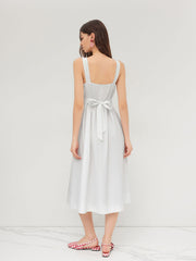 100% Cotton Square Neck Pleated Tie Back Bowknot Maxi Dress