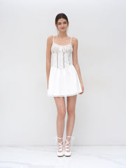 U-neckline Lace Ruffle Hem Knotted Mini Dress