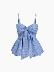 Check Shirred Knotted Bubble Hem Cami Top
