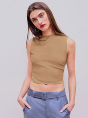 Round Neckline Solid Sleeveless Ruched Crop Top
