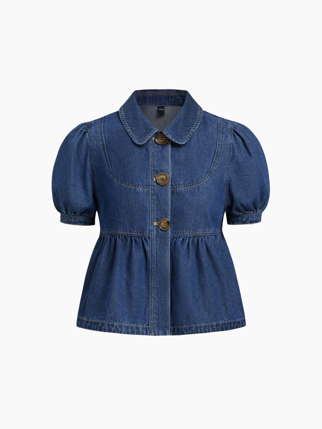 Denim Peter Pan Collar Ruched Puff Sleeve Blouse