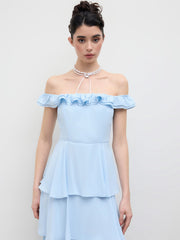 Off-shoulder Ruffle Layered Shirred Maxi Dress